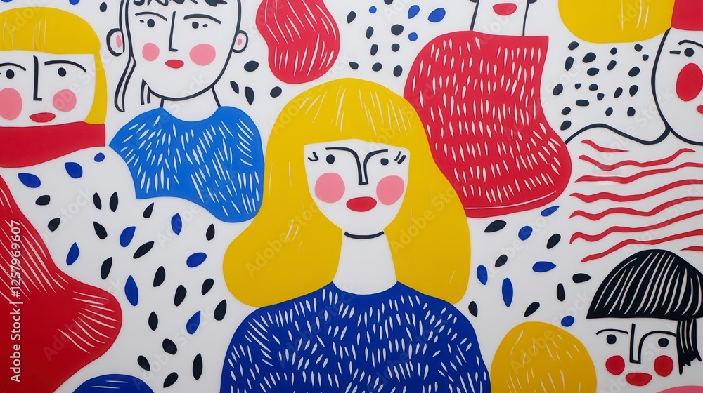 Poster colorful abstract pattern with multiple stylized faces. faces are depicted in various colors and hav