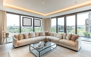 Fototapeta premium Modern apartment living room, city view, luxury interior design, comfortable couch