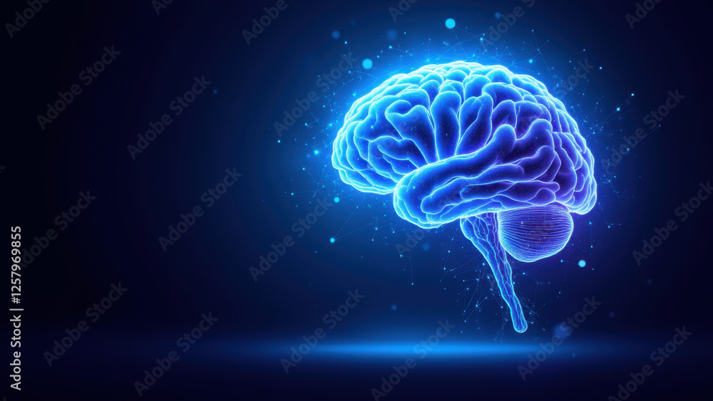 Poster an artistic representation of artificial intelligence with a glowing human-like brain.