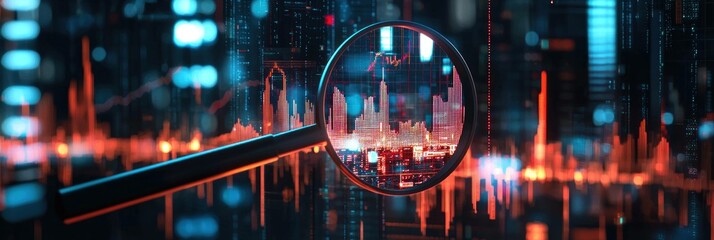 Night cityscape reflection through a magnifying glass showcasing glowing skyscrapers, vibrant colors, and a high tech atmosphere Perfect for modern technology and urban themes