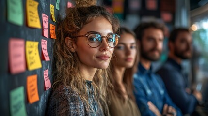 Confident businesswoman leading diverse team in modern office using sticky notes for project management