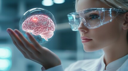 A female scientist in a lab coat, holding a glowing holographic brain model, signifies progress in neuroscience and medical technology