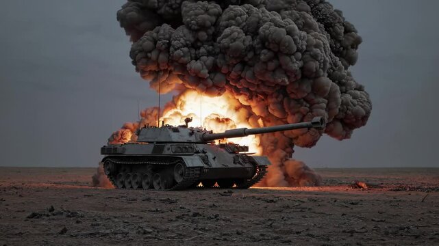 A dramatic low-angle shot of a tank firing at dusk, capturing a fiery explosion. The video style emphasizes action and intensity in a desert setting.