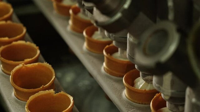 Ice cream in wafer cups moves along the conveyor