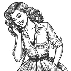 retro-style pin-up girl elegantly talking on a classic rotary dial telephone sketch engraving generative ai fictional character vector illustration. Scratch board imitation. Black and white image.