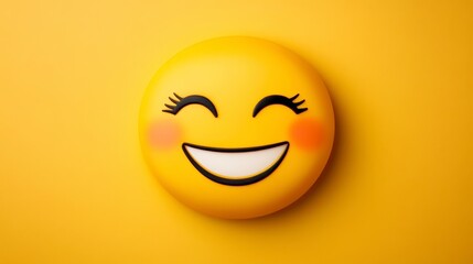Fototapeta premium Close up view of a cheerful emoticon, round yellow face with closed eyes, wide smile, and rosy cheeks, against a bright yellow background, soft