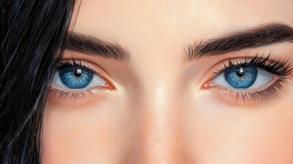 Fototapeta premium Close up view of a person's light complexion, dark eyelashes, and vivid blue eyes. The person's eyebrow is dark brown, and there is a subtle hint of