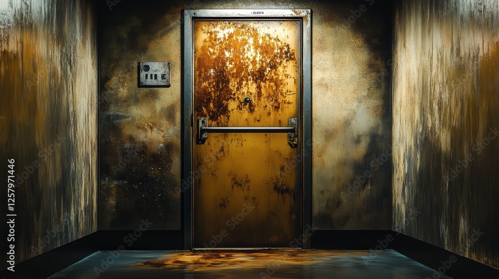 Poster a fire exit door at the end of a dimly lit corridor in an old building, the metal surface showing ru