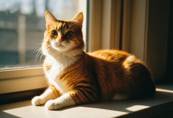 Fluffy Ginger Cat Relaxing on a Windowsill in Warm Sunlight