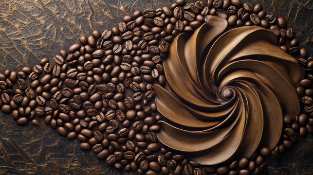 Artistic coffee bean arrangement with spirograph design on textured background
