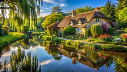 Obraz premium Charming English Cottage Reflected in Tranquil Stream - Thatched Roof, Lush Gardens, High-Resolution Stock Photo