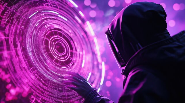 Hacker using abstract polygonal circles interface on blurry purple background. Metaverse and future concept
