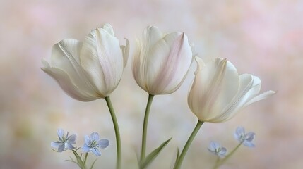 Obraz premium Delicate Dance of Spring A Trio of Tulip Blossoms in Soft Pink Hues with Tiny Blue Companions