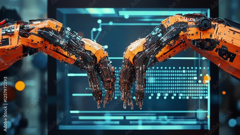Poster two advanced robotic arms with intricate designs and vibrant orange highlights interacting precisely