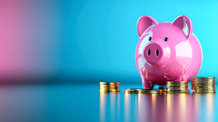 glossy pink piggy bank surrounded by gold coins on colorful background