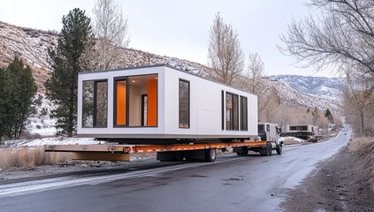 Modern Prefab House Transported on Truck through Snowy Landscape to New Location