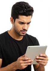 Happy young man using digital tablet wearing plain t-shirt isolated on white background . Ai generative 