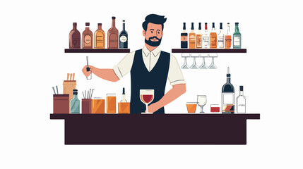 Illustration of a bartender at the bar counter. Male bartender.