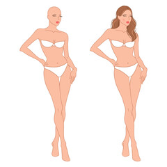 Eight-head fashion figure template. The female fashion croquis. Vector illustration of a young woman wearing lingerie, isolated on a white background.