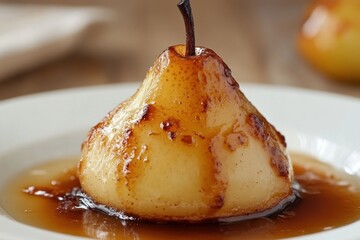 Poached pear on white plate with dark brown syrup