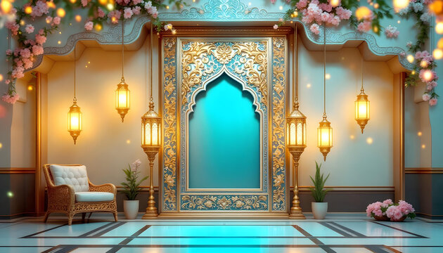 A beautifully designed Ramadan Kareem invitation card with a dark green background, glowing golden lanterns, and symmetrical floral motifs. The central blank space allows for inserting quotes, prayers