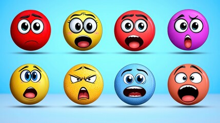 Obraz premium Nine round pixelated emoji faces with various expressions, including surprised, sad, angry, and scared. The faces are displayed against a light blue