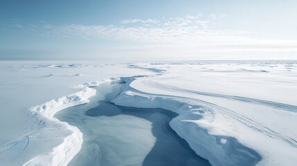 a car driving through a frosty tundra, the snowy road curving gently through an endless expanse of untouched snow