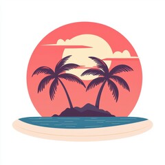 Idyllic Tropical Sunset Scene Palm Trees on Island Beach at Dusk