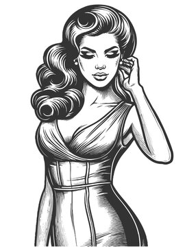 stylish woman with voluminous retro waves, wearing a fitted dress, embodying vintage glamour and sophistication sketch engraving generative ai vector illustration. Scratch board. Black and white image