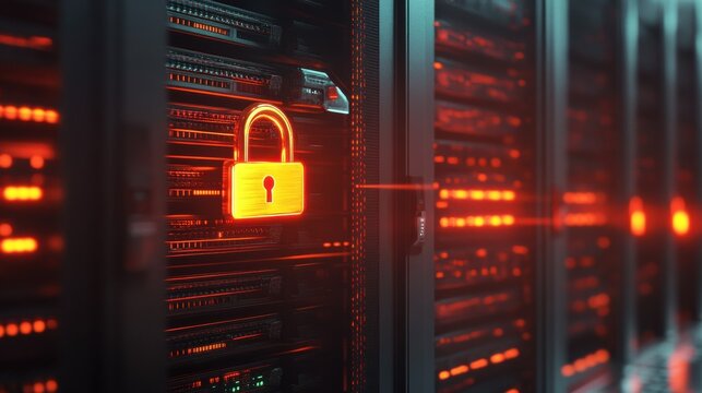 Digital security concept with glowing padlock on server rack