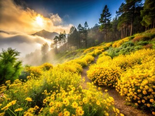 Obraz premium Misty Anaga Park's yellow flowers bloom along a forest road, a summer hike in Tenerife.