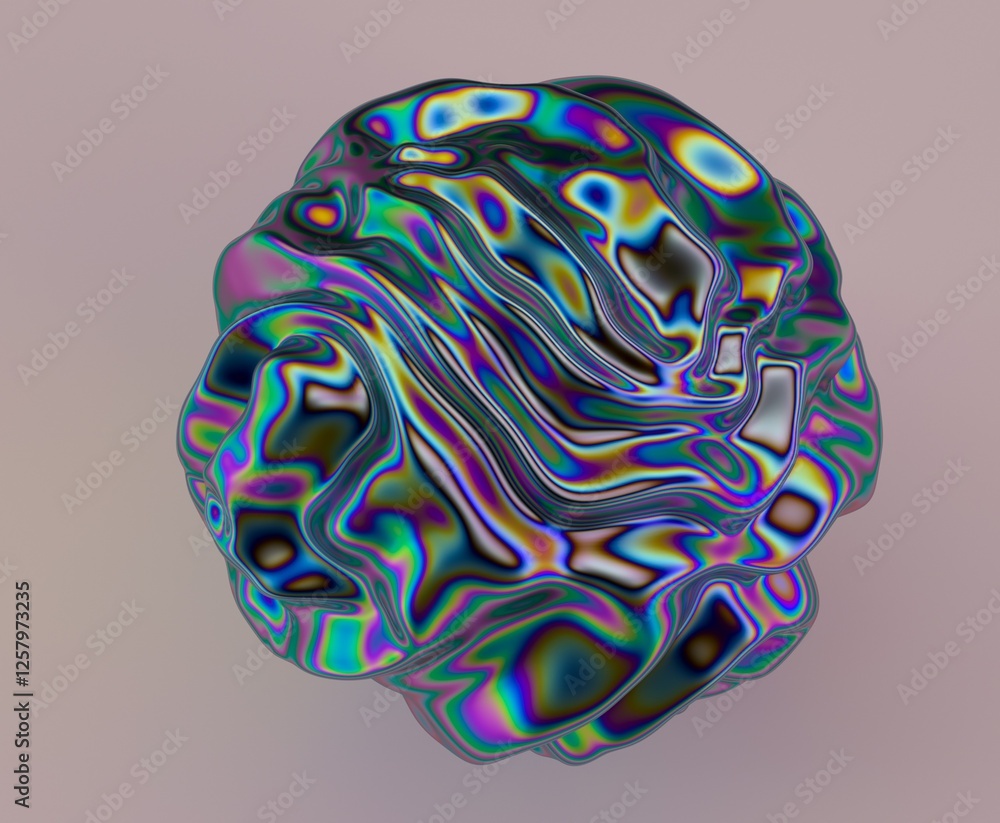 Poster surreal 3d illustration of an abstract, fluid-like shape with an iridescent, multicolored surface. t
