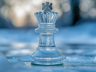 Transparent Crystal King Chess Piece Reflecting Light Prisms on an Icy Blue Background in a Luxurious and Strategic Chess Setting.