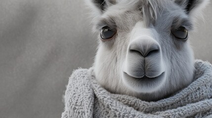 Close-up of a personified llama with a cozy scarf and a peaceful expression, showcasing the calm and relaxed side of anthropomorphized wildlife. Ideal for soothing art and winter-themed illustrations.