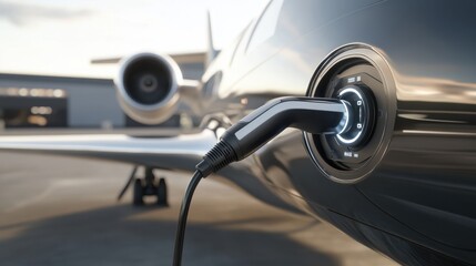 Close up of an electric aircraft charging port connected to a sleek charging station futuristic, A sleek futuristic vehicle or aircraft used for corporate travel