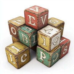 Obraz premium Colorful Wooden Alphabet Blocks Stacked Playfully on a White Background, Vintage Style Educational Toy for Children and Infants