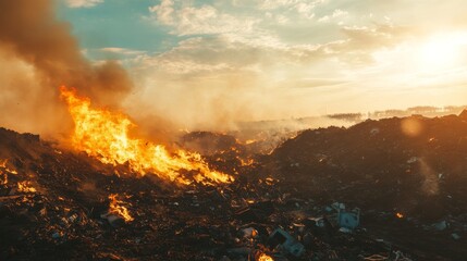 Wasteland Fire at Sunset: Environmental Disaster