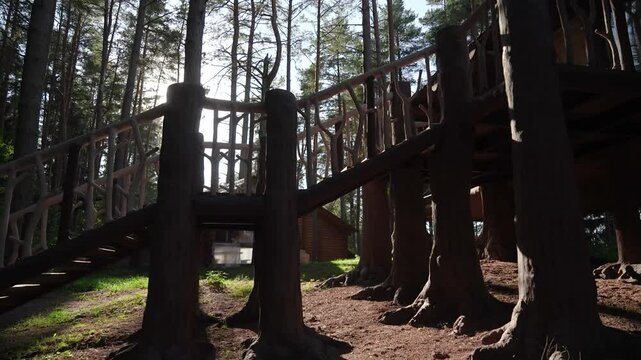 Russian-style wooden hut in the forest with stairs