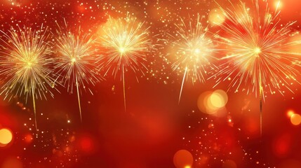 Fototapeta premium Festive Chinese background. New Year asian backdrop with gold fireworks. Red vector holiday banner