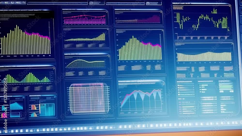 Poster complex financial data analysis is displaying on multiple computer screens, showcasing various chart