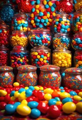 Fototapeta premium vibrant candy jars displayed colorful arrangement lively backdrops eye catching designs, sweets, treats, presentation, decor, bakery, filling, container
