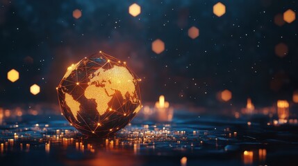 Abstract glowing polygonal globe on blurry starry sky background with candlestick forex graph. Earth, trade, stock, technology and digital world concept. 3D Rendering