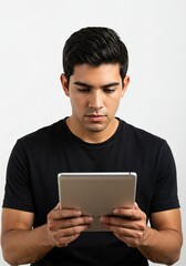 Happy young man using digital tablet wearing plain t-shirt isolated on white background . Ai generative 