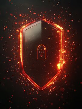 Digital security shield with lock, glowing particles on dark background.