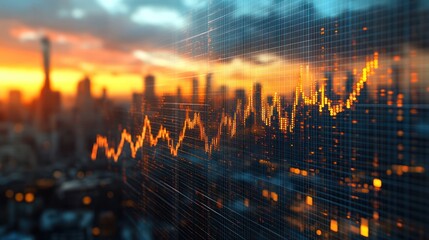 Fototapeta premium Sunset city skyline with financial graph overlay illustrating market trends and investment potential
