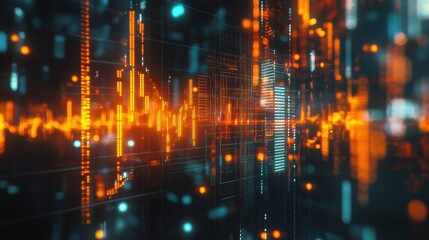 Abstract glowing forex chart grid and big data hologram on blurry night city background. Trade, technology and finance concept. Double exposure