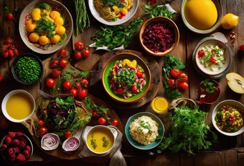 vibrant colorful food spread displaying inviting array culinary favourites bright eye catching style, appetizing, arrangement, attractive, banquet, cuisine