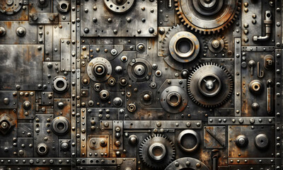 Hintergrund einer verrosteten Metallplatte mit Nieten, Scheibenund Zahnrädern, vintage retro