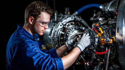 Obraz premium focused engineer working on complex engine assembly, wearing safety gear and gloves, showcasing precision and expertise