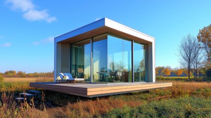 Modern Glass House in Autumnal Meadow